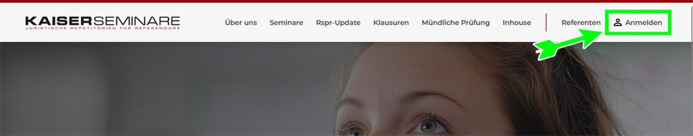 Screenshot zeigt Hauptnavigation mit Anmeldelink
